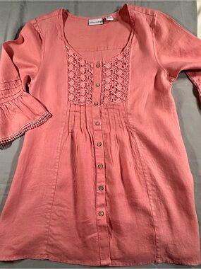 Soft Surroundings pink women’s tunic linen crocheted bohemian vintage Y2K